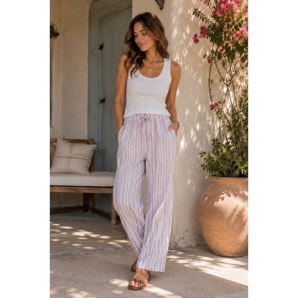 Tamara H XL Pink White Stripe Cotton Gauze Wide Leg Pull On Pants